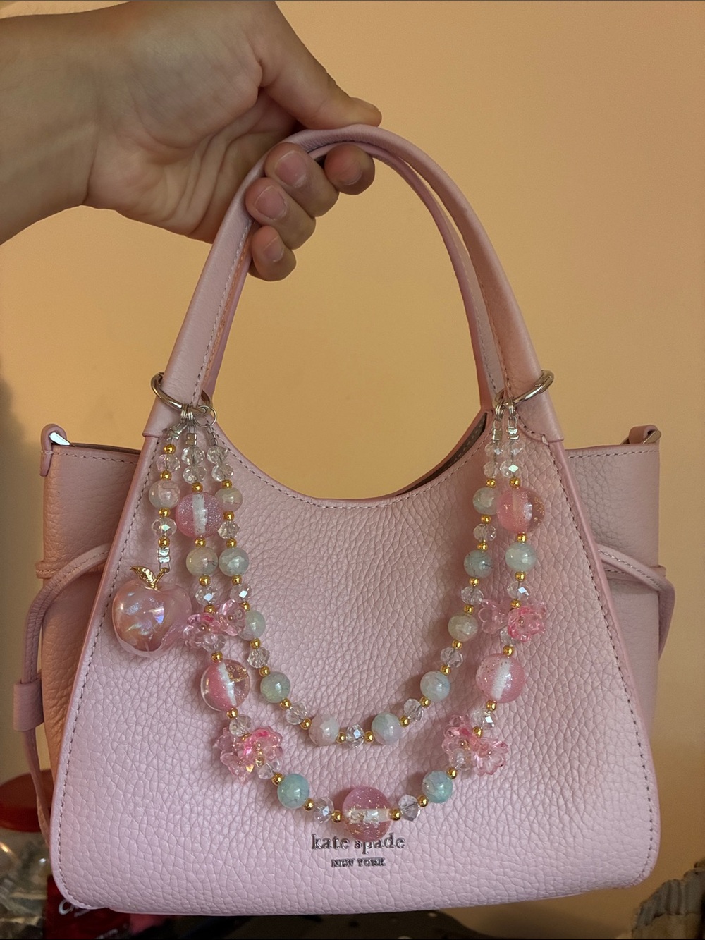 SALE🎀 Pink Apple Crystal & Gold Floral Beaded Bag Chain
